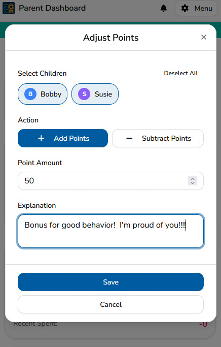 Adjust Points modal showing add and subtract point options