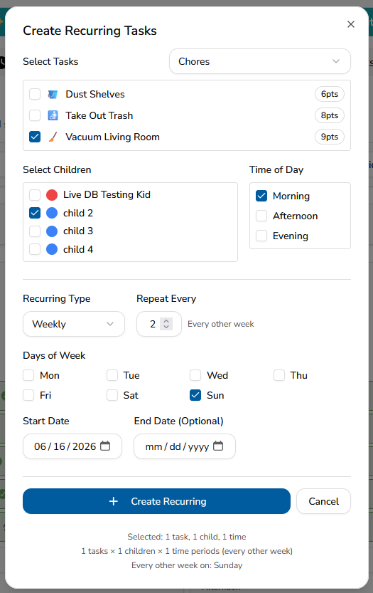 side-right w-500 h-700 MyChoreBoard Create Recurring Tasks screen showing flexible recurring chore scheduling