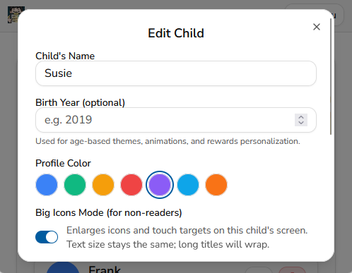 The Edit Child settings screen in MyChoreBoard showing Big Icons Mode and Focus Mode