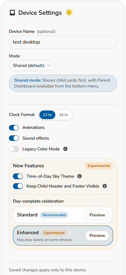 side-right w-600 h-600 Device Settings showing the Time-of-Day Sky Theme and Keep Child Header and Footer Visible options