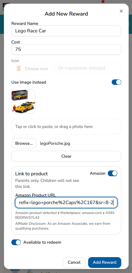 side-left w-1000 h-1000 The Edit Reward screen in MyChoreBoard showing a reward image