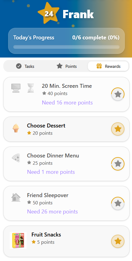 side-right w-500 h-600 MyChoreBoard child Rewards screen showing rewards and point costs