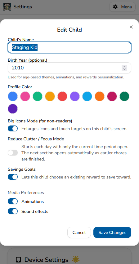 side-left w-600 h-600 The Edit Child screen showing the Savings Goals setting in MyChoreBoard
