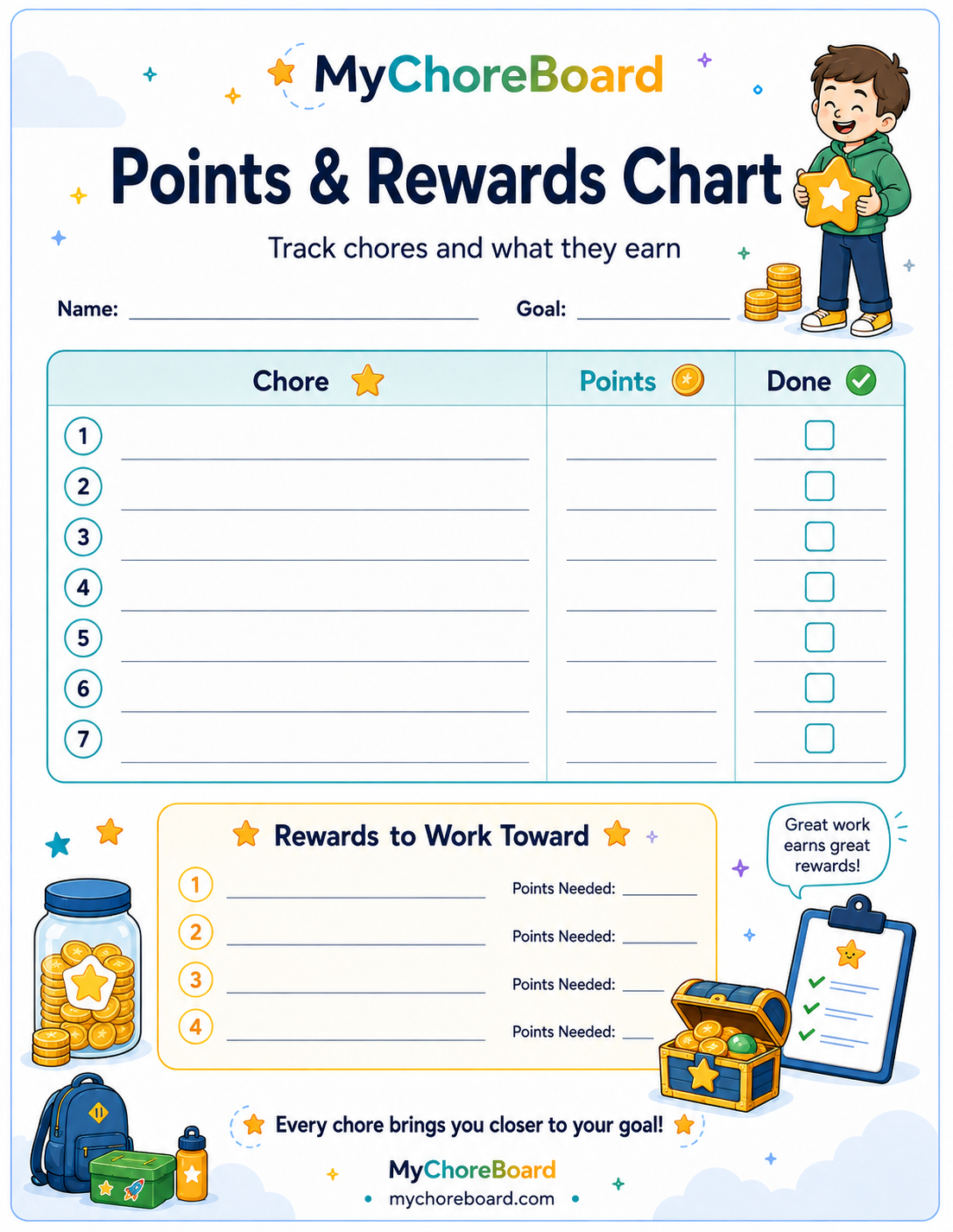 Points and rewards chore chart printable